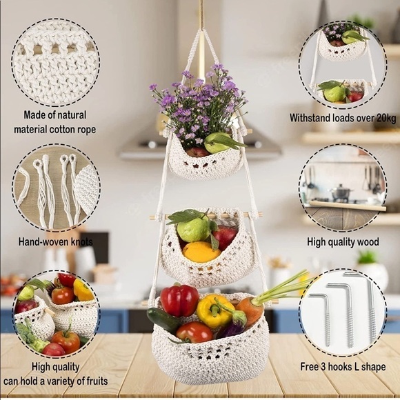 Brand New Handmade Macrame 3-Tier Hanging Fruit Basket Boho Storage Organizer - Picture 2 of 10